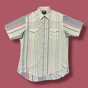 Vintage 80s Wrangler Shirt Pearl Snap Striped Faded Distressed L/XL Cream